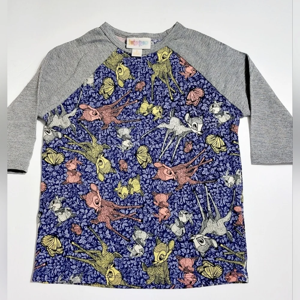 LuLaRoe Disney Bambi Sloan Shirt Size 2 Blue Woodland Raglan